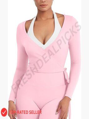 Pilates Wrap Top Long Sleeve Ballet Workout Yoga Shirt Y2K V Neck Cropped